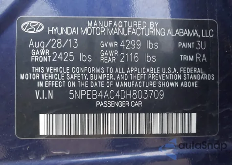 2013 Hyundai Sonata Gls z USA, uszkodzony, nr VIN 5NPEB4AC4DH803709